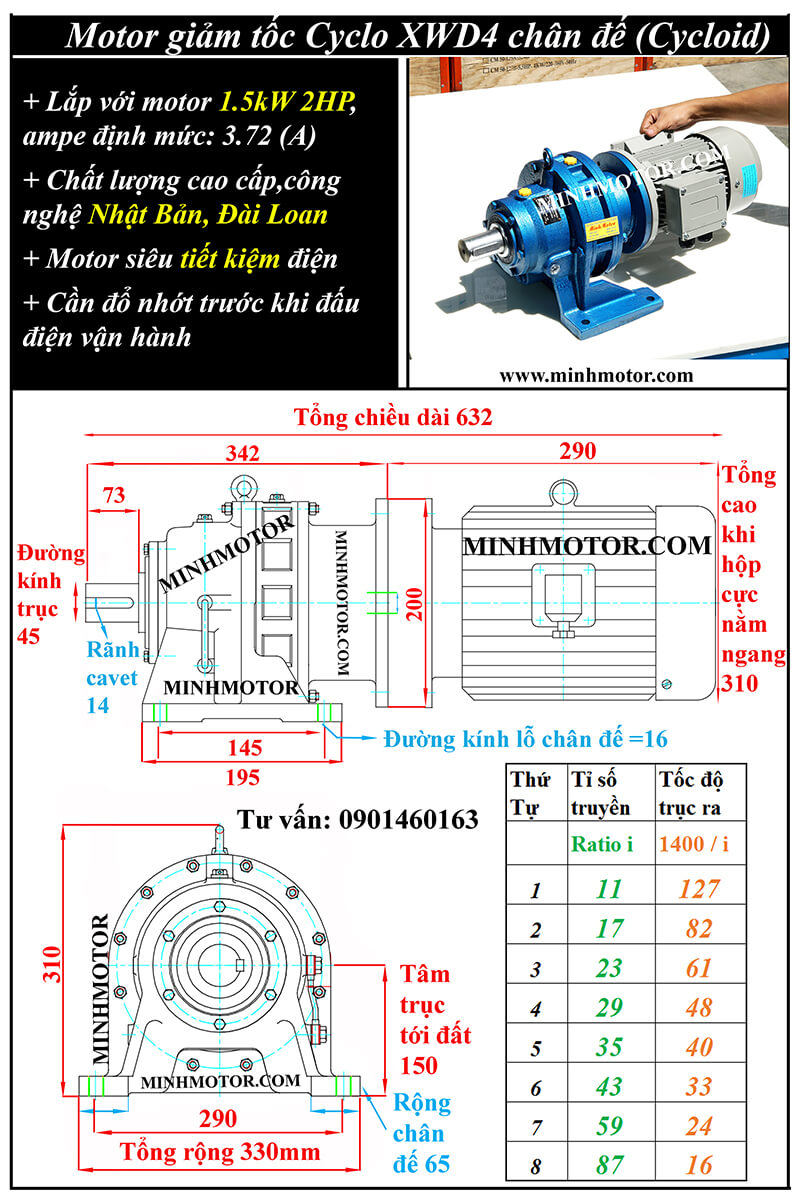 Motor giảm tốc 2Hp tỷ số truyền 43, hộp mang tải XWD4