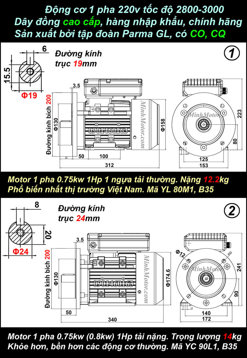Bản vẽ motor 1 pha 0.75kw 1HP mặt bích