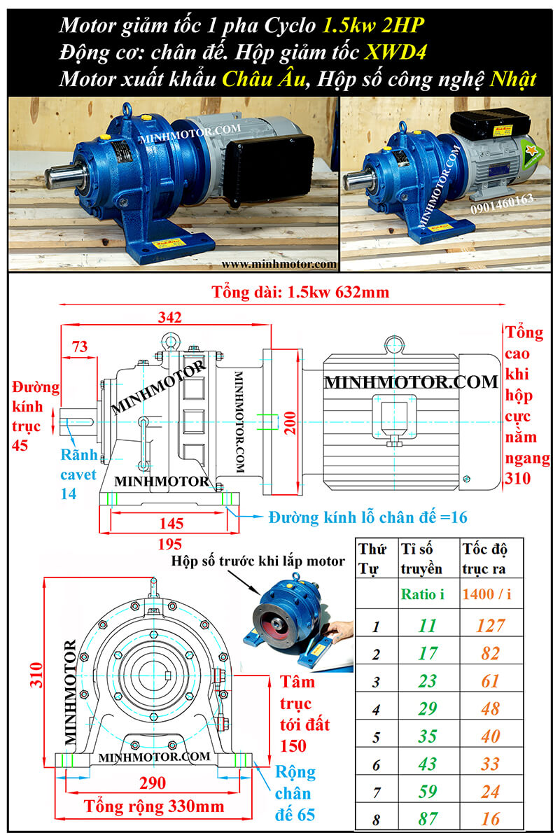 Motor 1.5kw 220v 2HP 1 pha trục ra vuông góc