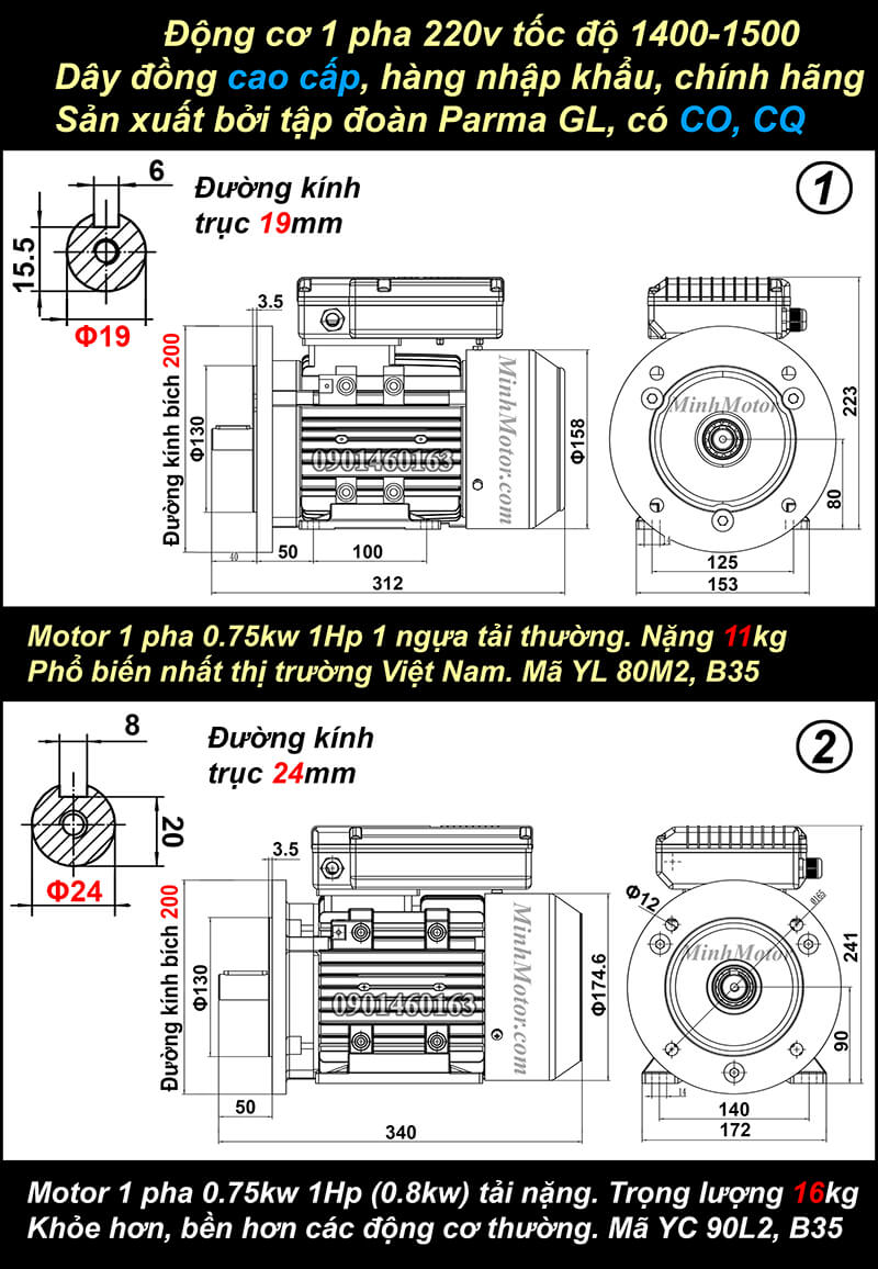 Motor 1 pha 1Hp 220v 0.75kw mặt bích