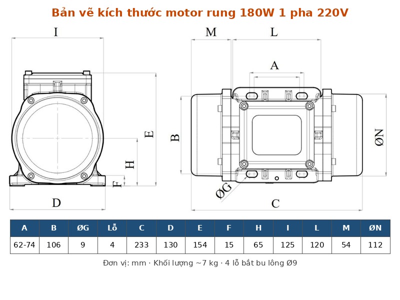 Bản vẽ kích thước motor rung 180W Bản vẽ kích thước lắp đặt motor rung 180W 1 pha 220V