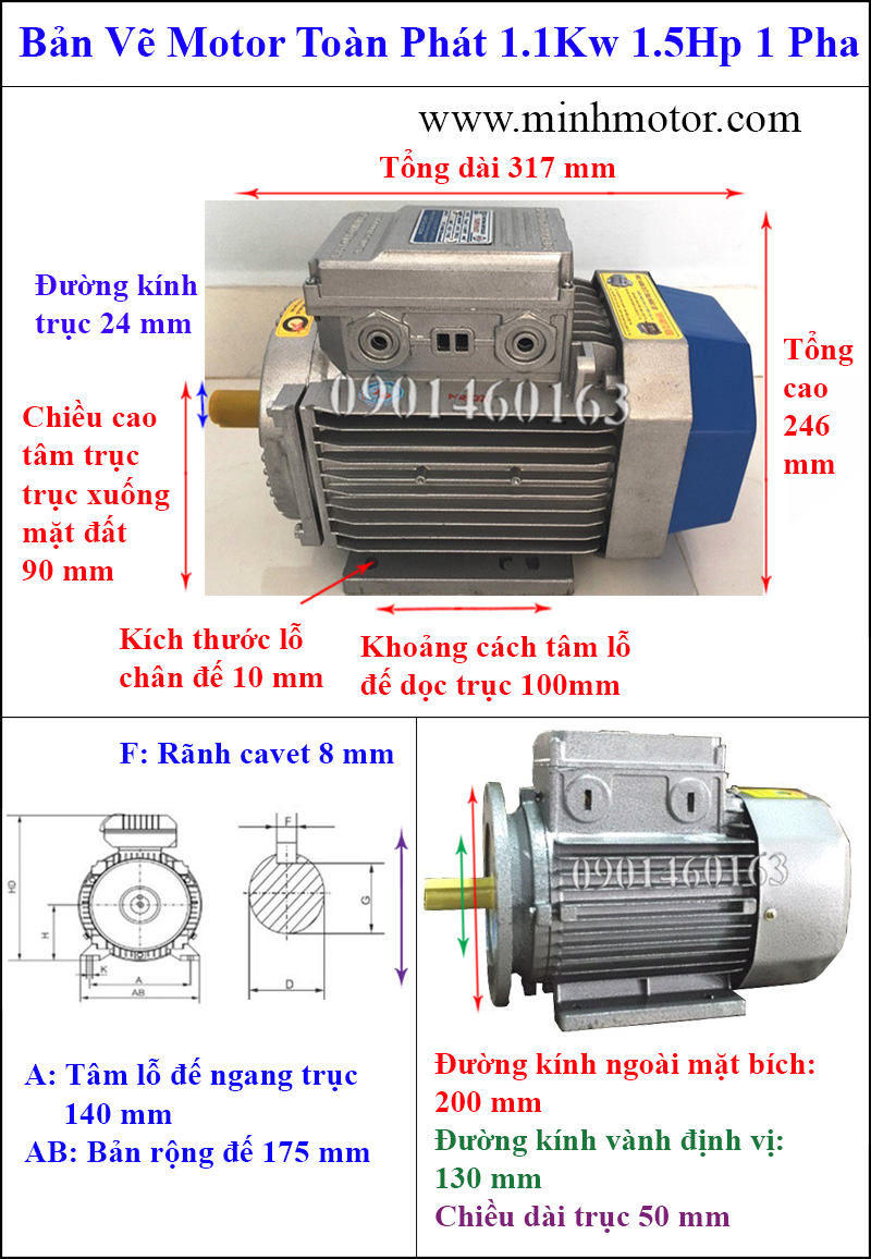 a) Motor Toàn Phát 1.1kw 1.5Hp 1 pha