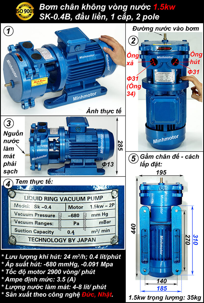 bơm chân không vòng nước 1.5Kw 2HP