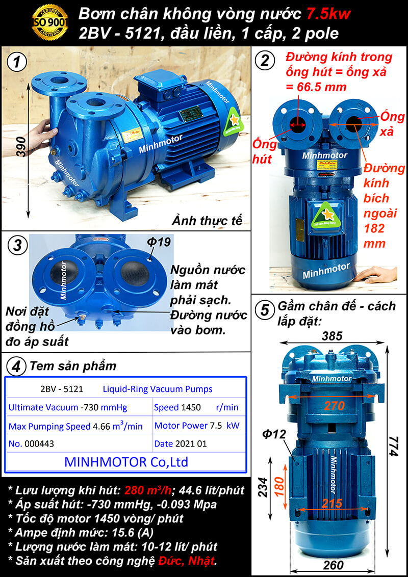 Bơm chân không vòng nước 1 cấp 7.5Kw 10Hp