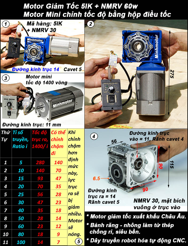Motor giảm tốc 60w mini trục vuông góc, NMRV size 30