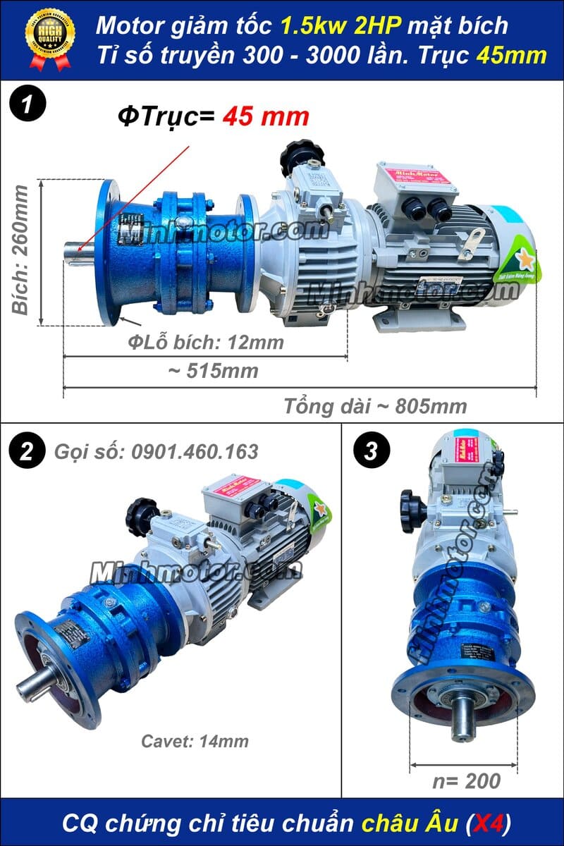 Bộ điều chỉnh tốc độ motor khuấy 1.5kw 2hp cyclo mặt bích XLD4 trục úp, ngửa