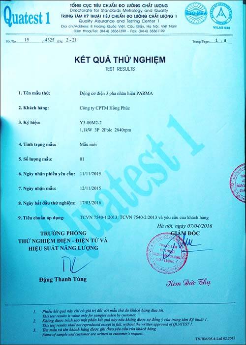 chứng nhận chất lượng motor 1.1kw 1.5hp