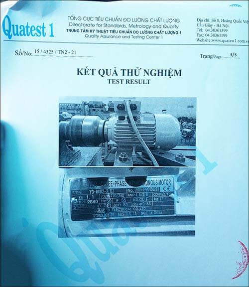 chứng nhận chất lượng motor 1.1kw 1.5hp