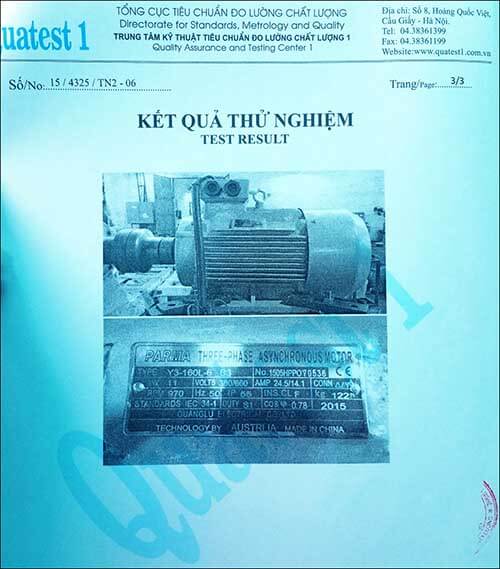 chứng nhận chất lượng motor 11kw 15hp