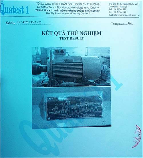 chứng nhận chất lượng motor 15kw 20hp