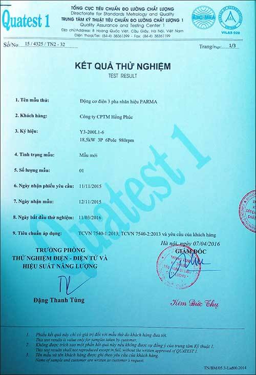 chứng nhận chất lượng motor 18.5kw 25hp