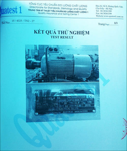 chứng nhận chất lượng motor 22kw 30hp thương hiệu Parma MinhMotor