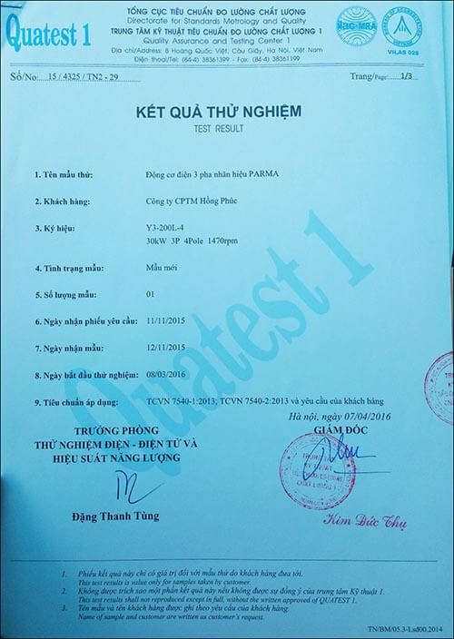 chứng nhận chất lượng motor 30kw 40hp thương hiệu Parma MinhMotor