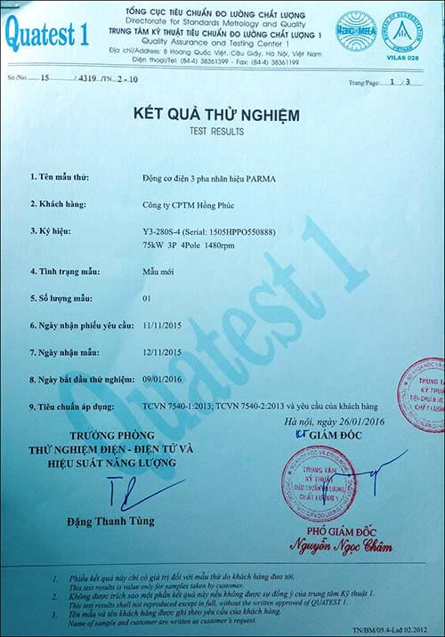 chứng nhận chất lượng motor 75kw 100hp thương hiệu Parma MinhMotor