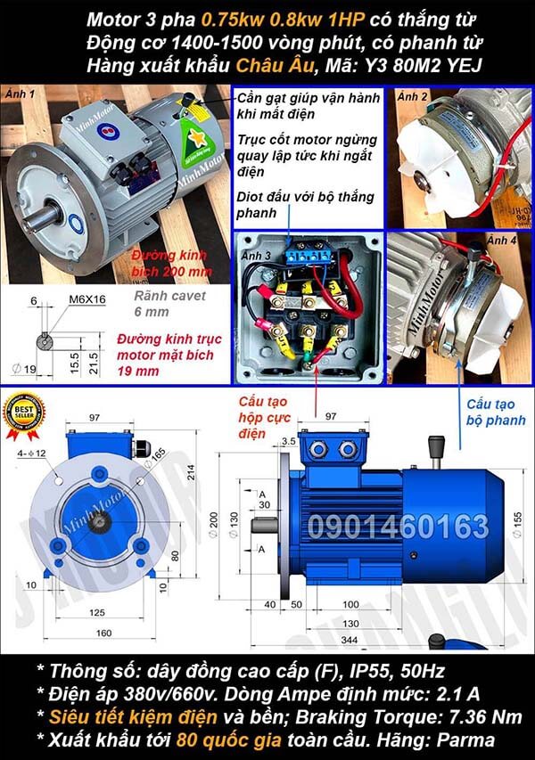 Motor phanh 1hp 0.75kw mặt bích 3 pha 4 cực điện