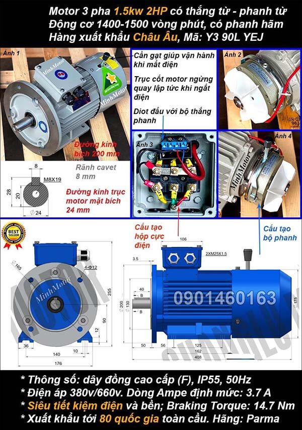 Motor phanh 1.5kw 2hp 3 pha mặt bích 4 cực điện