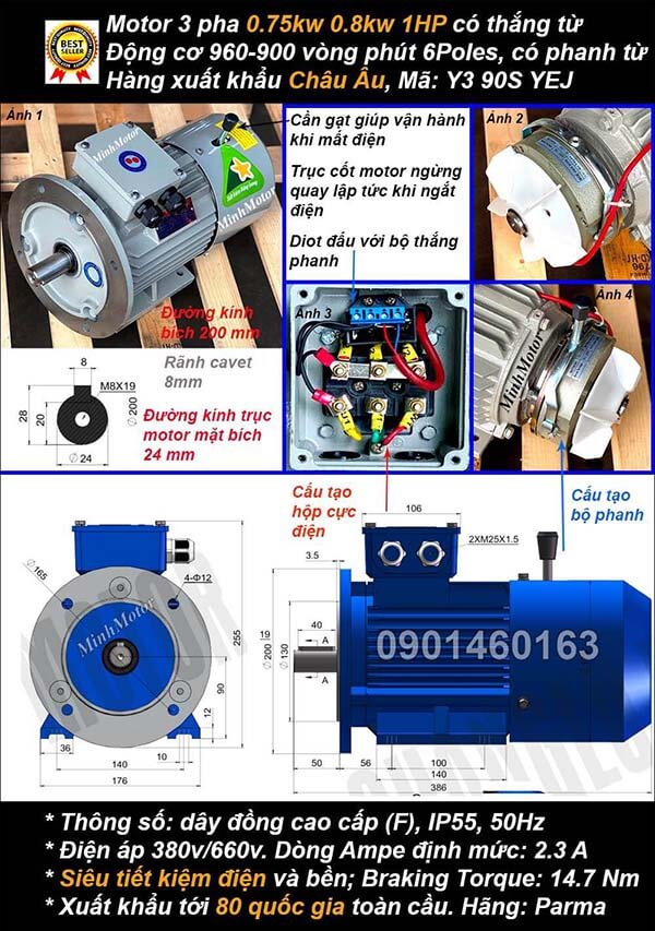 Motor phanh 1hp 0.75kw mặt bích 3 pha 6 cực điện
