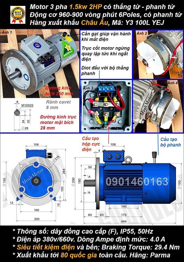 Motor phanh 1.5kw 2hp 3 pha mặt bích 6 cực điện