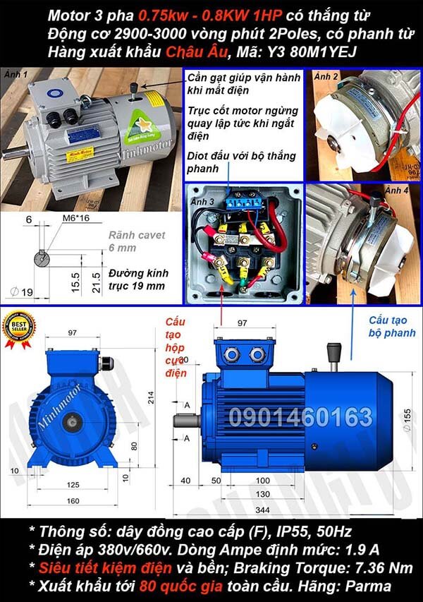 Motor phanh 1hp 0.75kw chân đế 3 pha 2 cực điện