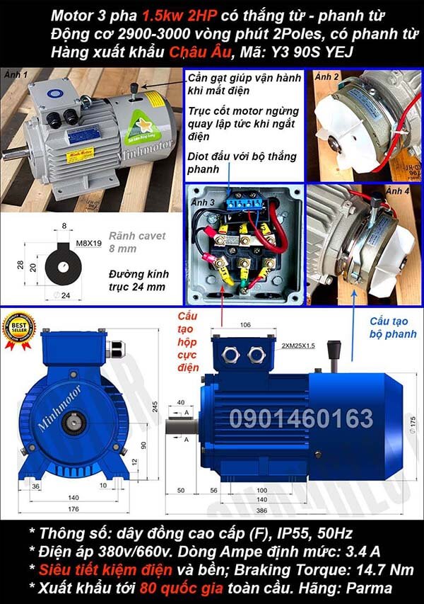 Motor thắng từ 1.5kw 2hp 3 pha chân đế 2 cực điện