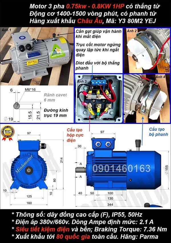 Motor phanh 1hp 0.75kw chân đế 4 cực điện