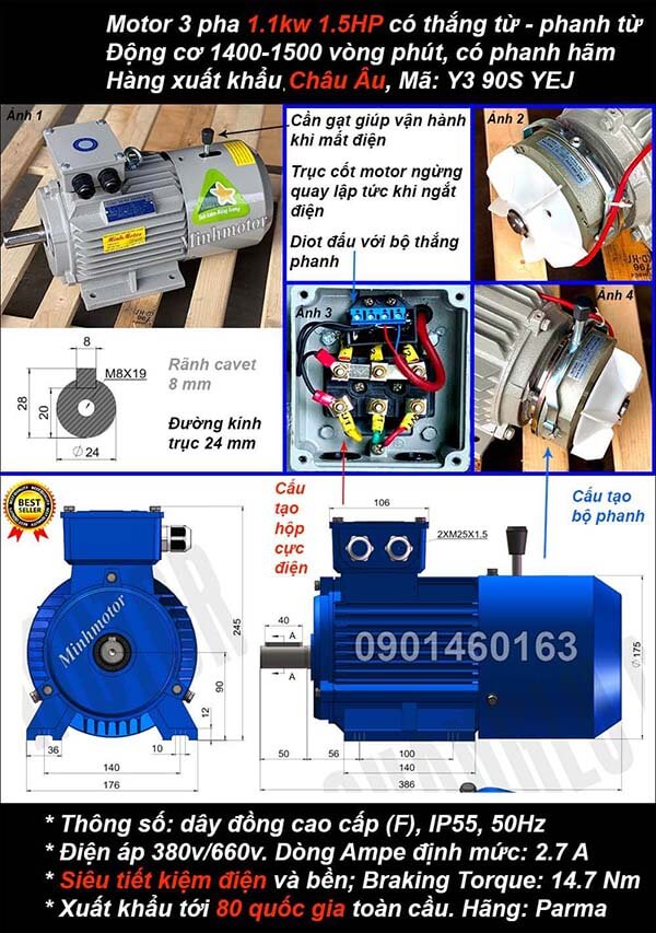 Motor thắng từ 1.1kw 1.5hp 3 pha chân đế 4 cực điện