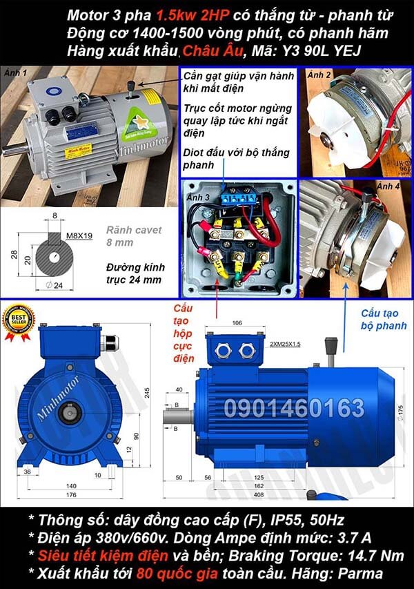 Motor thắng từ 1.5kw 2hp 3 pha chân đế 4 cực điện