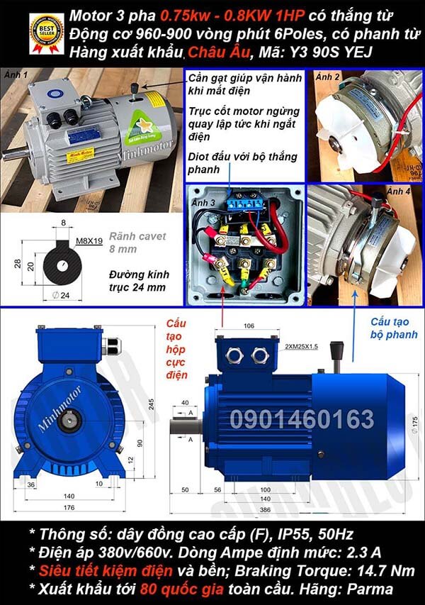 Motor phanh 1hp 0.75kw chân đế 3 pha 6 cực điện