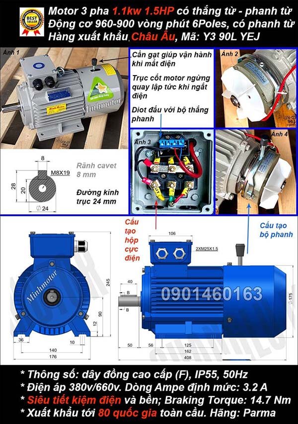 Motor thắng từ 1.1kw 1.5hp 3 pha chân đế 6 cực điện