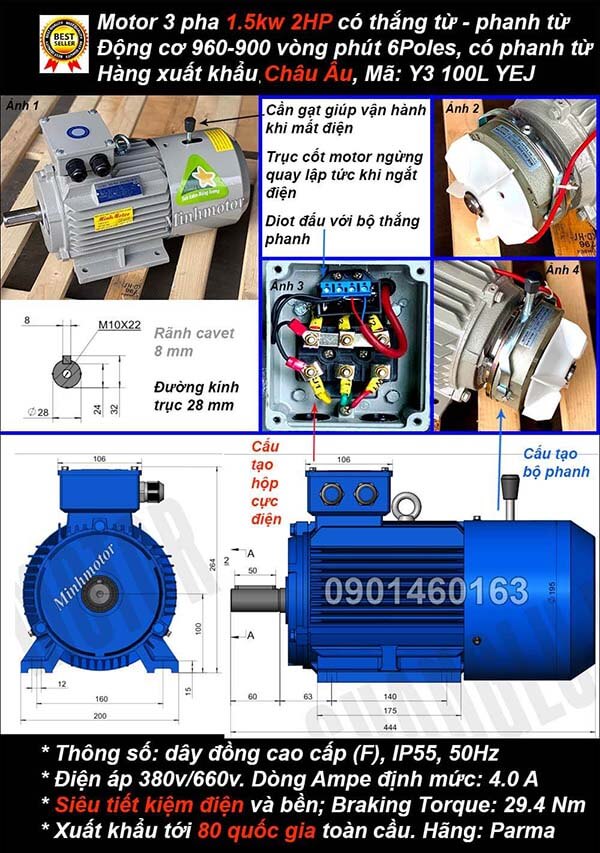 Motor thắng từ 1.5kw 2hp 3 pha chân đế 6 cực điện