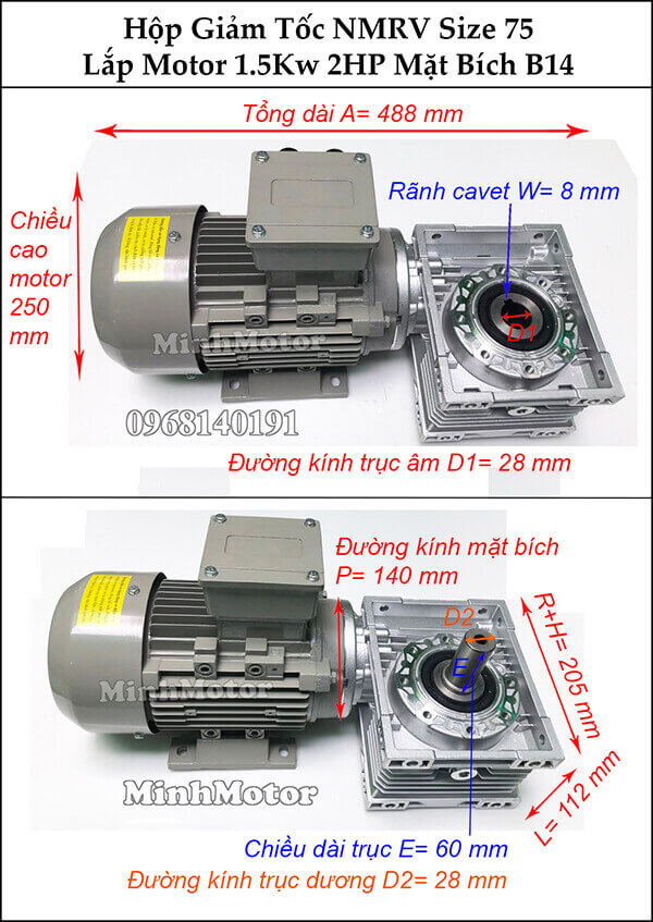 hộp số giảm tốc NMRV 075 gắn motor mặt bích B14 1.5kw 2 hp