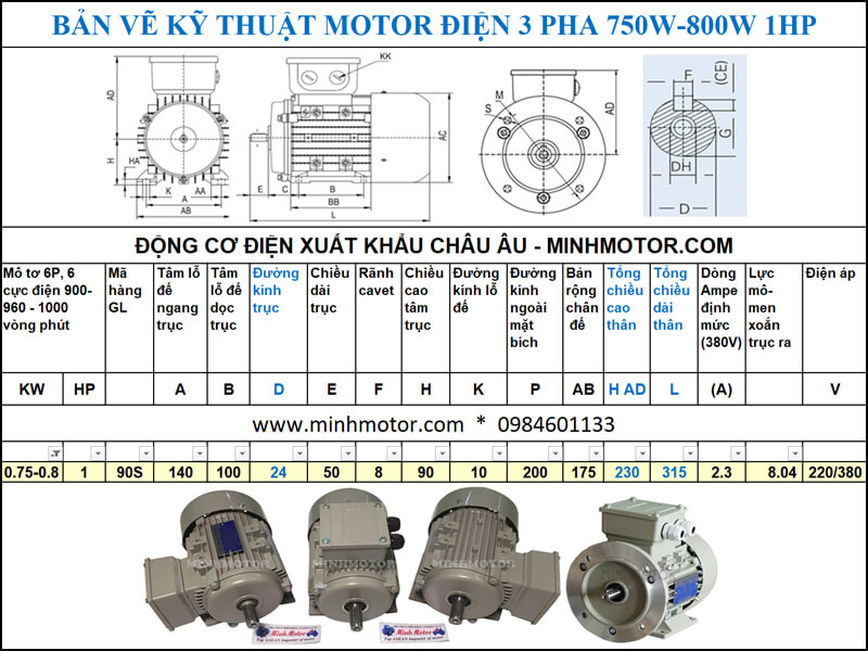 dong co dien 3 pha 1hp 0 75kw 6 cuc dien 900 960 1000 vong phut