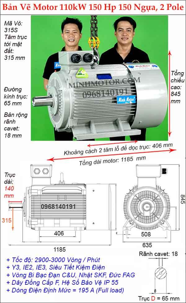 Bản vẽ motor điện 150Hp 110Kw 2 pole