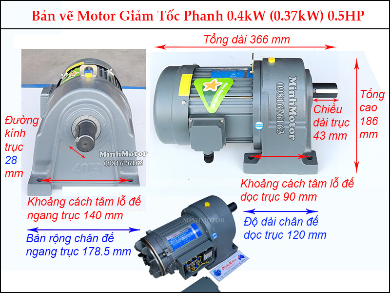 Thông số kỹ thuật motor giảm tốc có thắng 0.37kw 1/2 hp trục 28