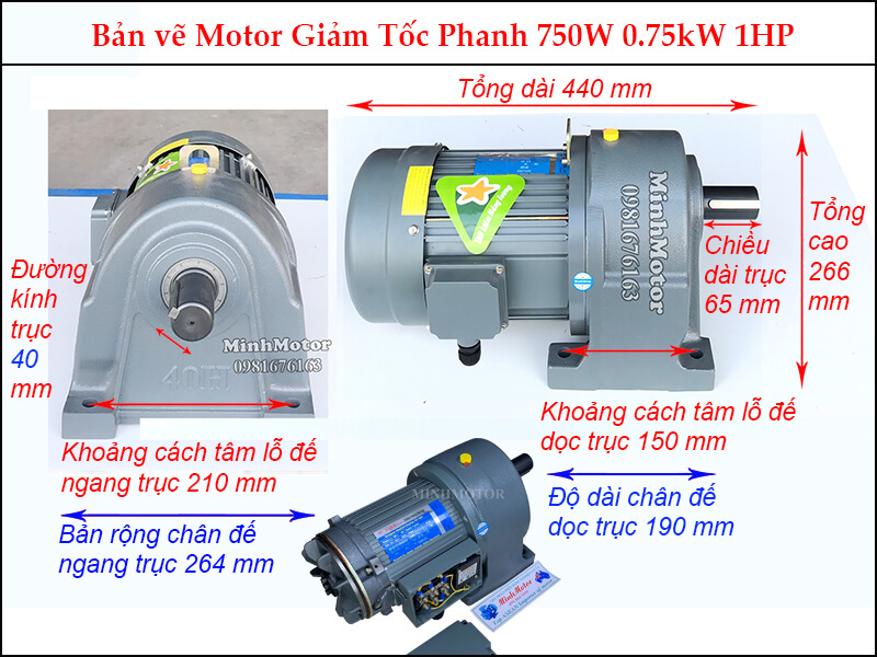 Motor giảm tốc phanh trục thẳng 0.75kw 1HP trục 40