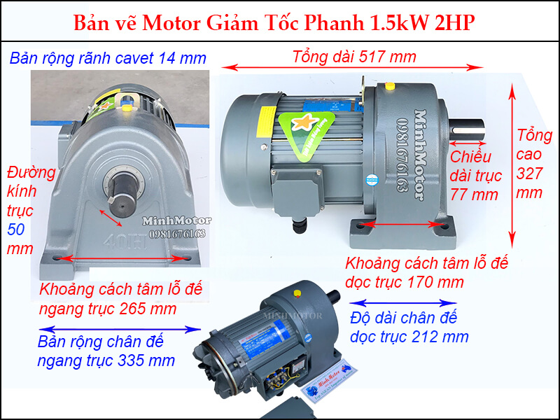Motor giảm tốc phanh trục thẳng 1.5kw 2HP trục 50