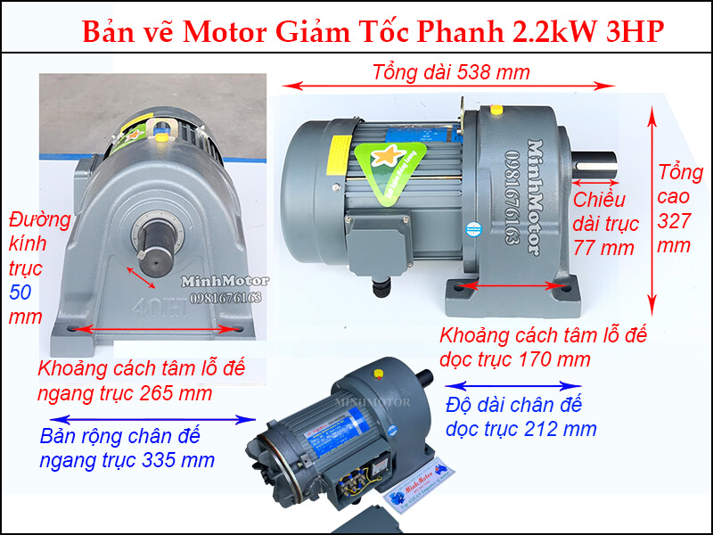 Motor giảm tốc phanh trục thẳng 2.2kw 3HP trục 50