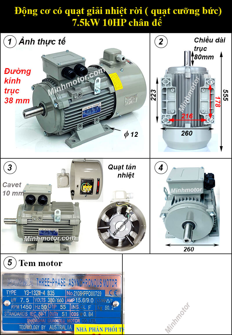 Động cơ biến tần 7.5kw 10hp chân đế