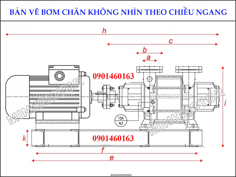Bản vẽ hình học Bơm chân không vòng nước 22kw 30HP 30 ngựa 4 Pole 2 Cấp nhìn theo chiều ngang