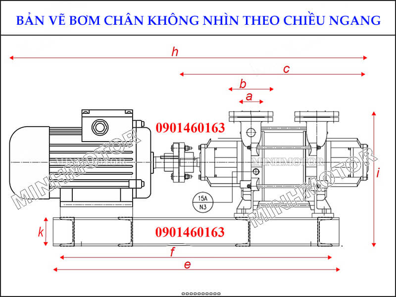 Bản vẽ hình học Bơm chân không vòng nước 30kw 40HP 40 ngựa nhìn theo chiều ngang