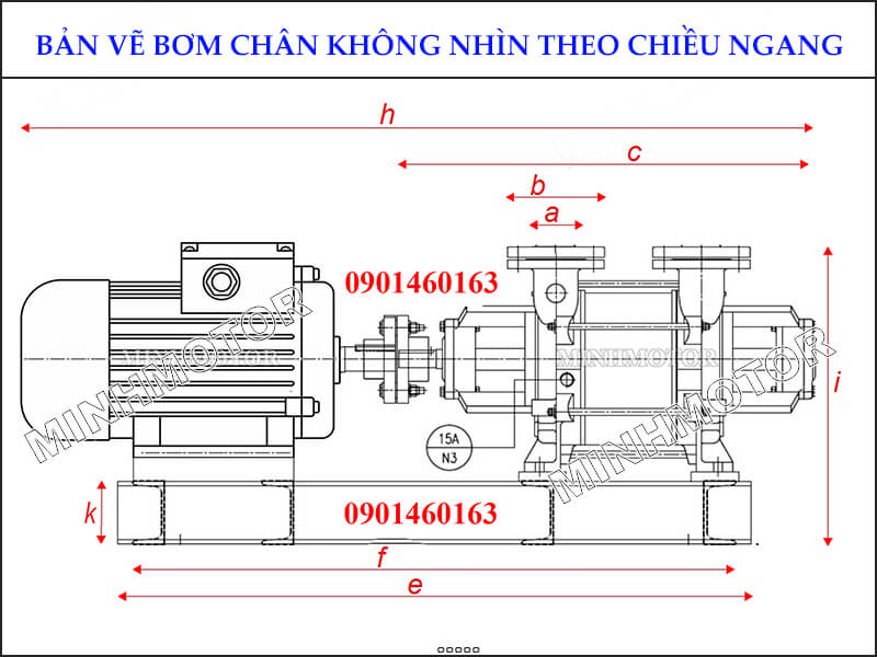 Bản vẽ hình học Bơm chân không vòng nước 7.5kw 10HP 10 ngựa nhìn theo chiều ngang