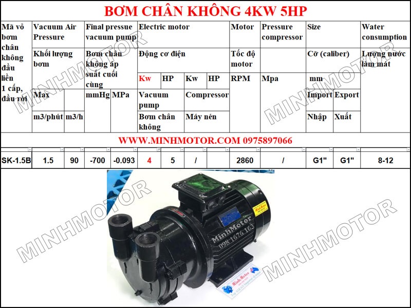 Thông số Bơm hút chân không 4kW 5HP 5 ngựa đầu liền 1 cấp, đầu rời