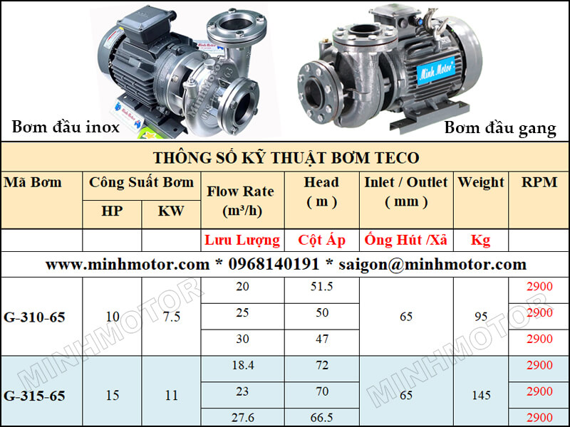 Bơm Teco G-310-65 7.5kw 10HP 2 pole lưu lượng từ 20 tới 30 mét khối