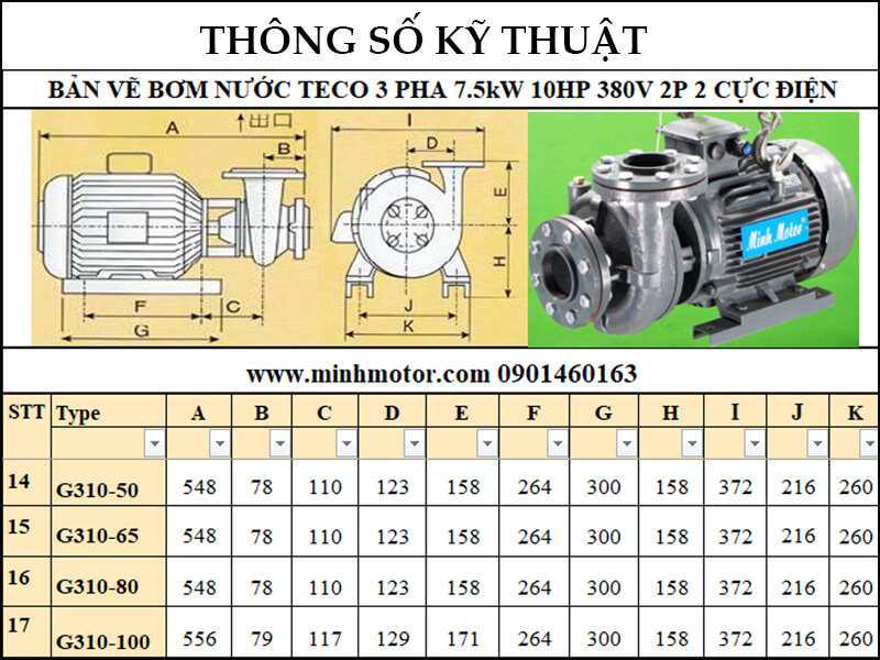 bản vẽ kỹ thuật máy bơm nước Teco 10Hp 7.5Kw 10 ngựa