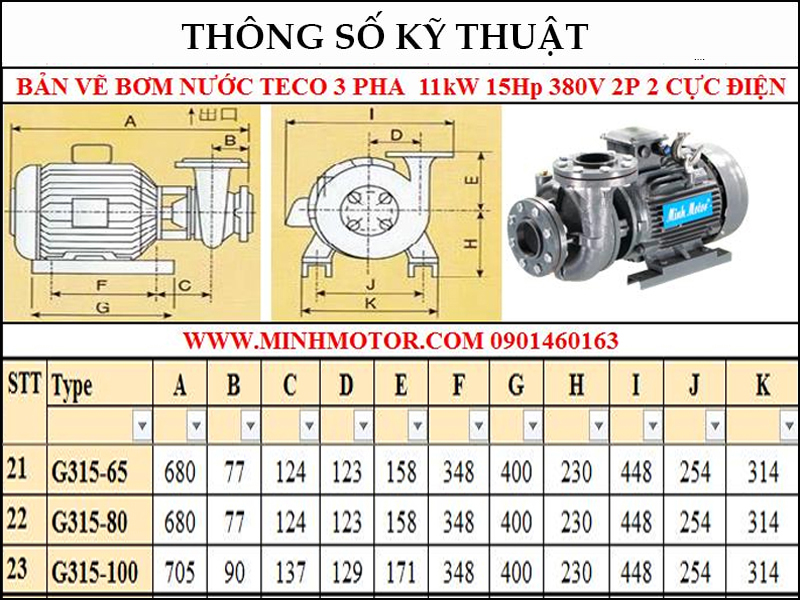 bản vẽ bơm nước Teco 3 pha 5.5kw 7.5hp 380v 2 cực điện