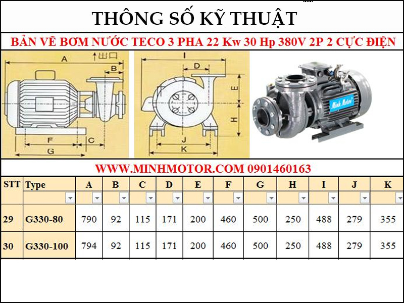 Bản vẽ kỹ thuật máy bơm Teco 22kw 30Hp 30 ngựa