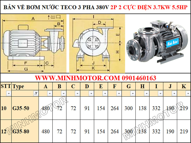Bản vẽ kỹ thuật máy bơm Teco 4kw 5.5hp 5.5 ngựa