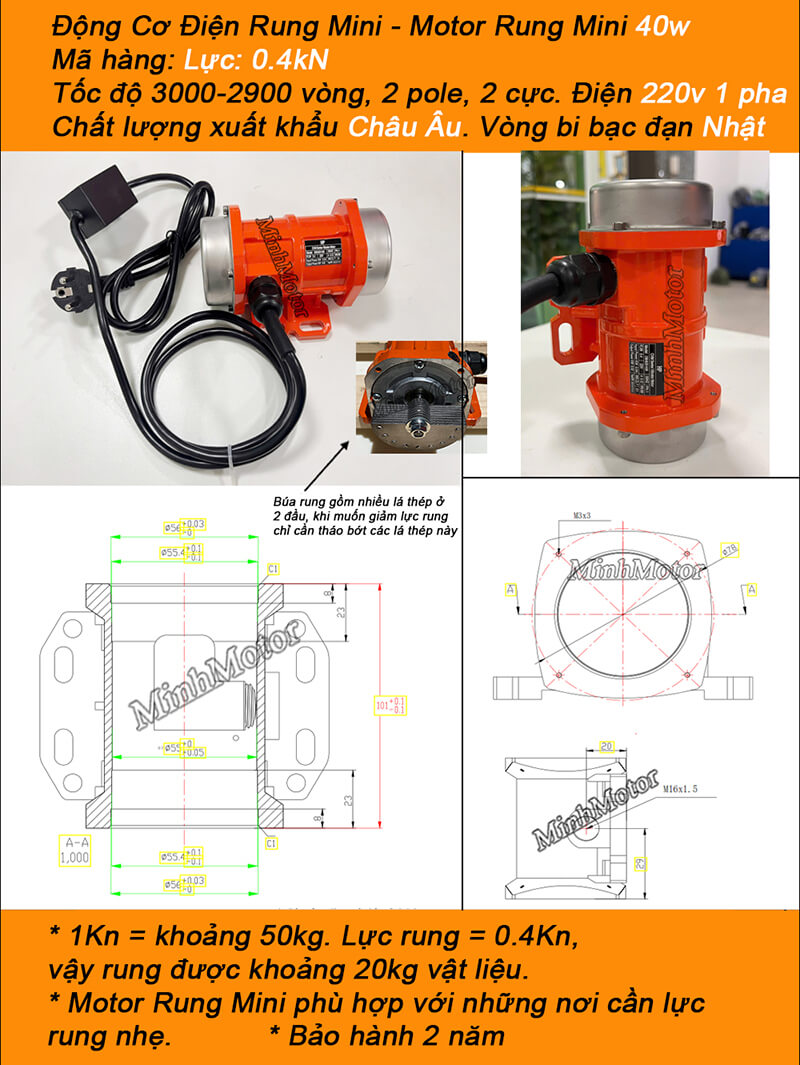 Motor rung 0.04kw 1 pha 220v, CVM-41M
