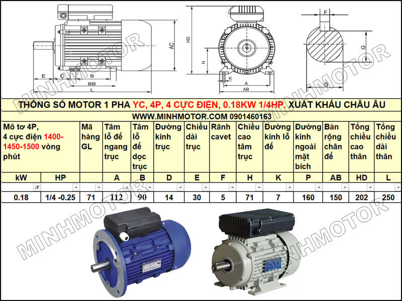 thông số kỹ thuật bản vẽ motor diện 1 pha 0.18kw 0.25hp 0.25 ngựa