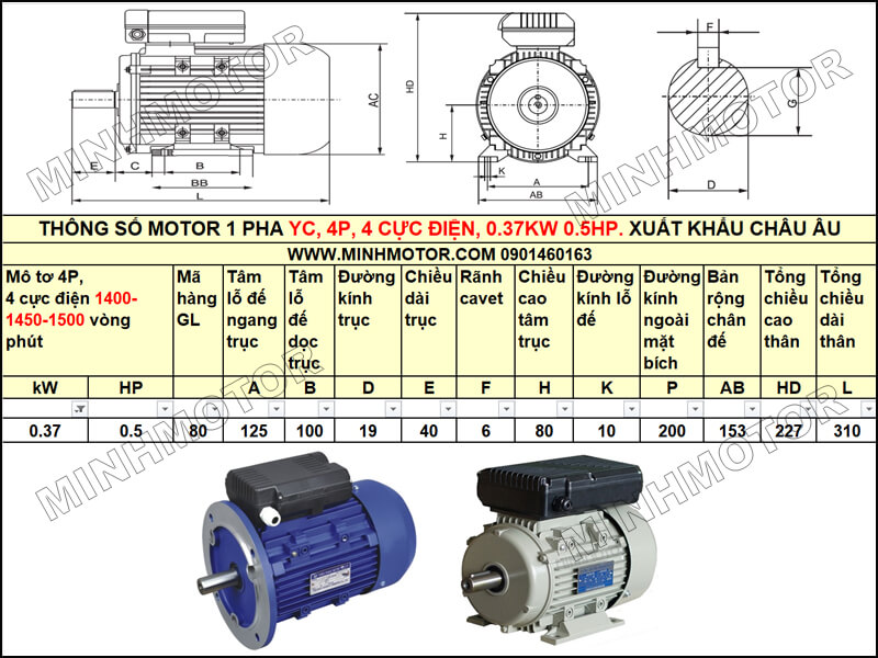 Thông số kỹ thuật, bản vẽ Mô Tơ 1 Pha YC 0.37kw 0.5HP 0.5 ngựa tải nặng